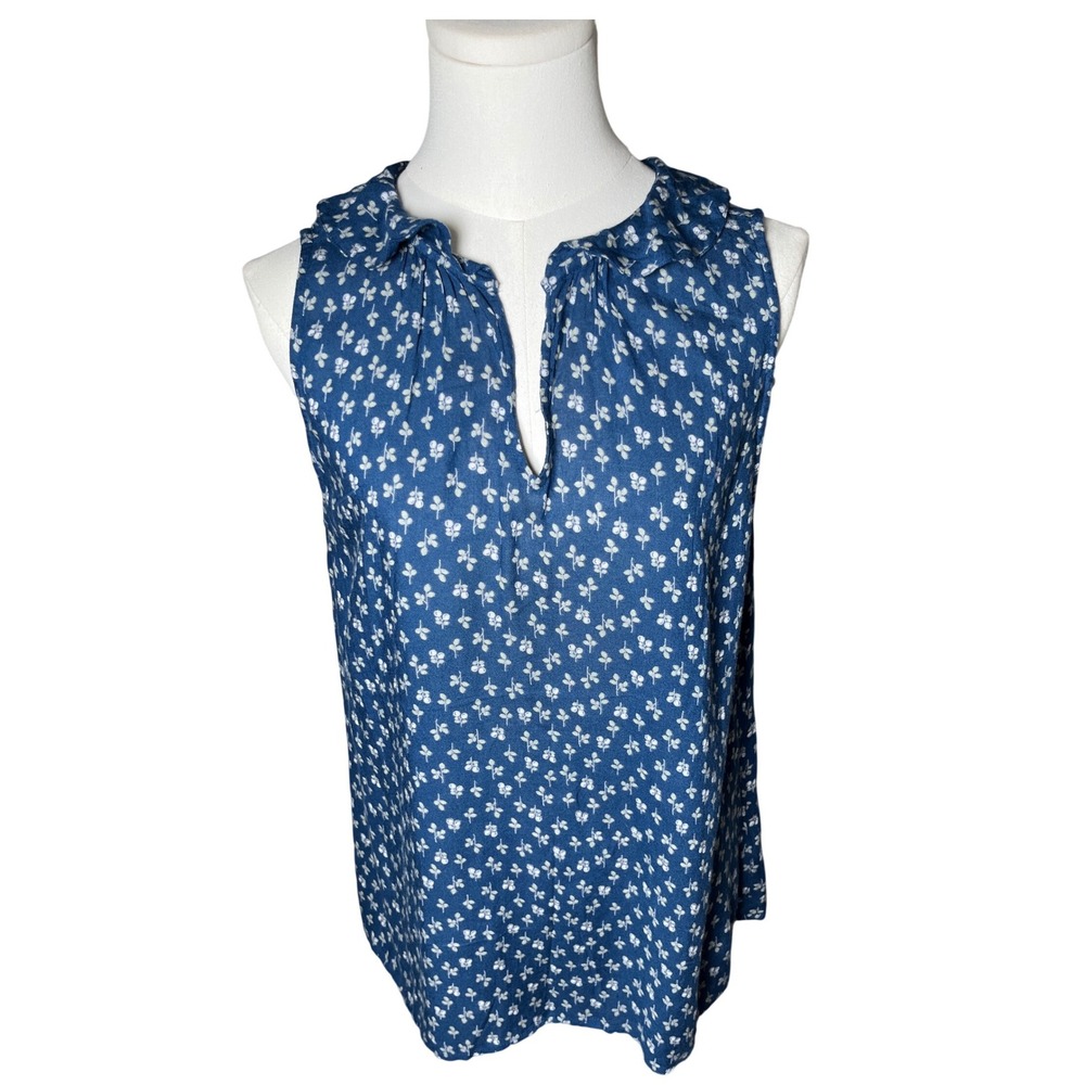 Blue Floral Sleeveless Blouse Split Neck Velvet‎ by Graham Spencer Cottagecore L